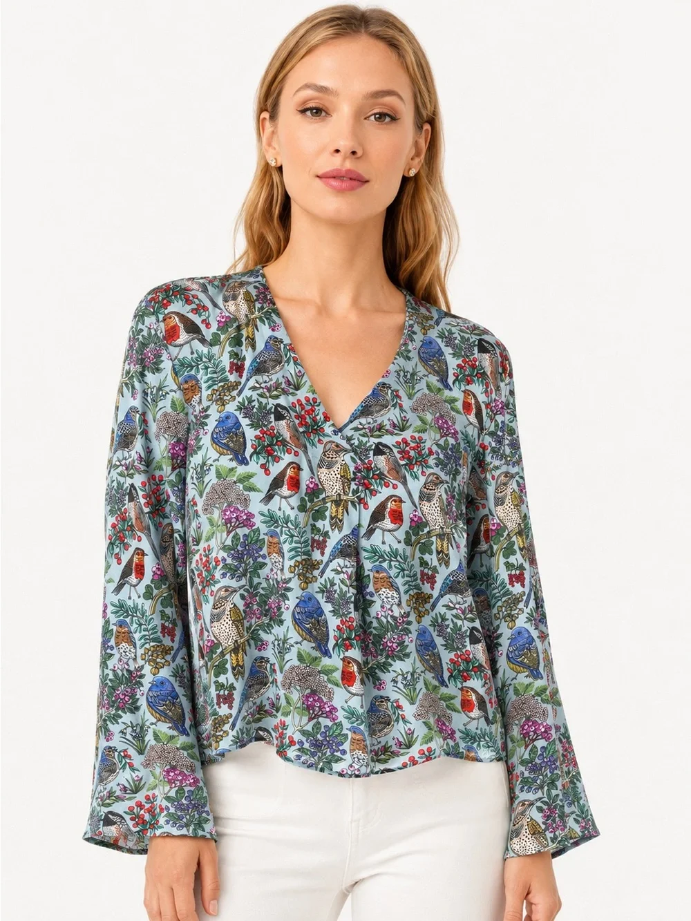 J.Jill S Bird Botanical Print Top Blouse 3/4 Sleeve EcoVero Viscose Old Money - Picture 1 of 13